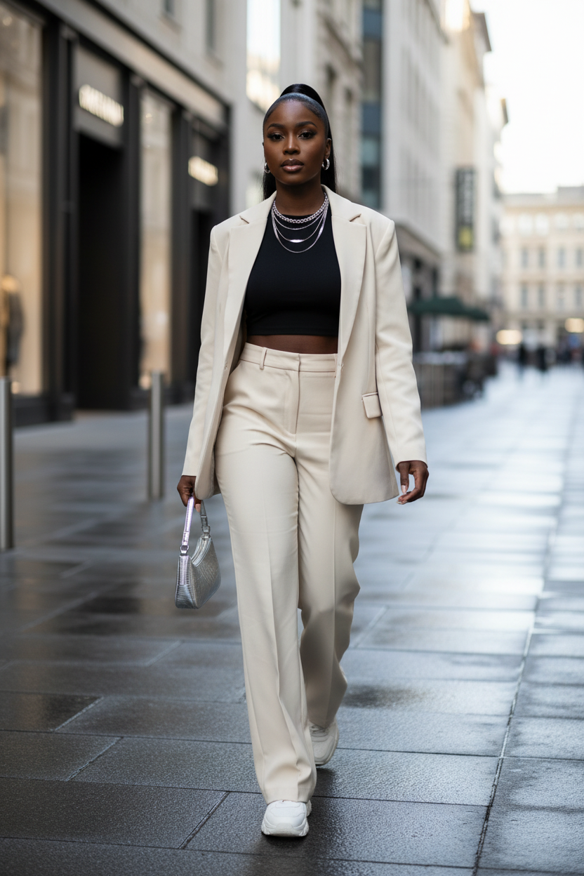 Model wearing Twist Chain Necklace stacked on luxury urban street