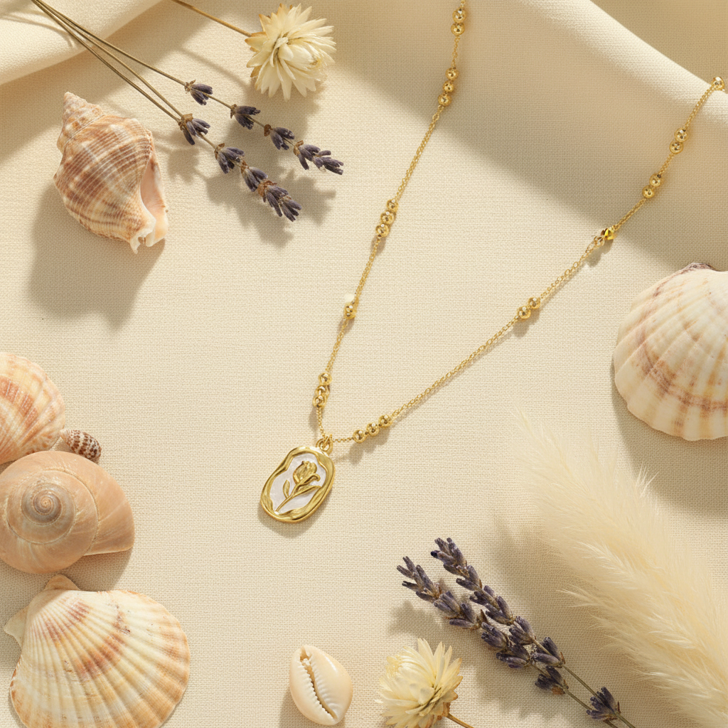 Rose Shell mother of pearl necklace flat lay with seashells and flowers