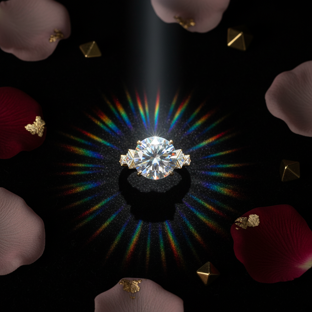 Fireworks Cut Moissanite Ring - flat lay on black velvet