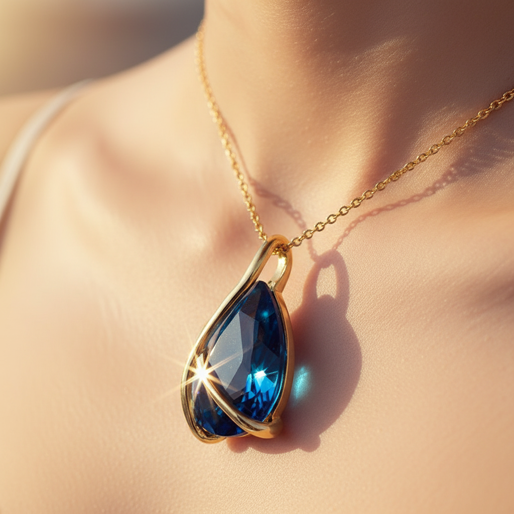 Ocean Deep blue teardrop pendant close-up on collarbone