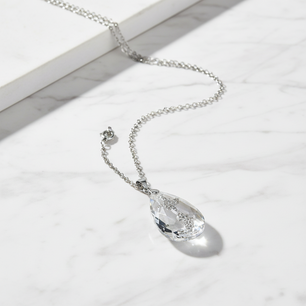 Simple Drop Pendant Necklace flat lay on white marble