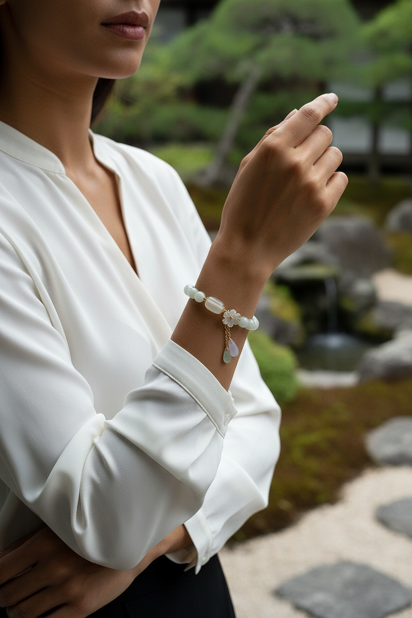 Mixed-race model wearing Natural Jadeite & Agate Bracelet in Japanese garden