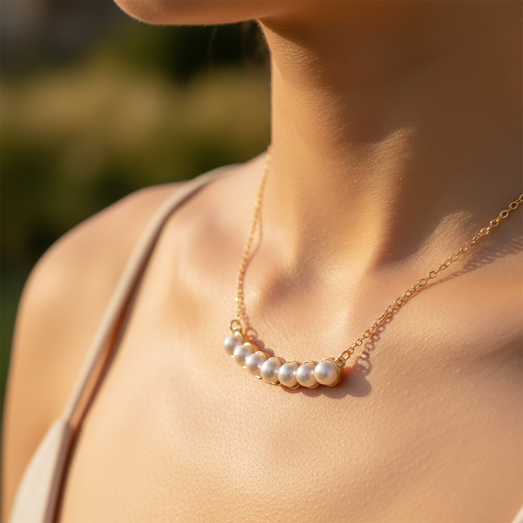 Lumière Pearl necklace close-up on collarbone in sunlight