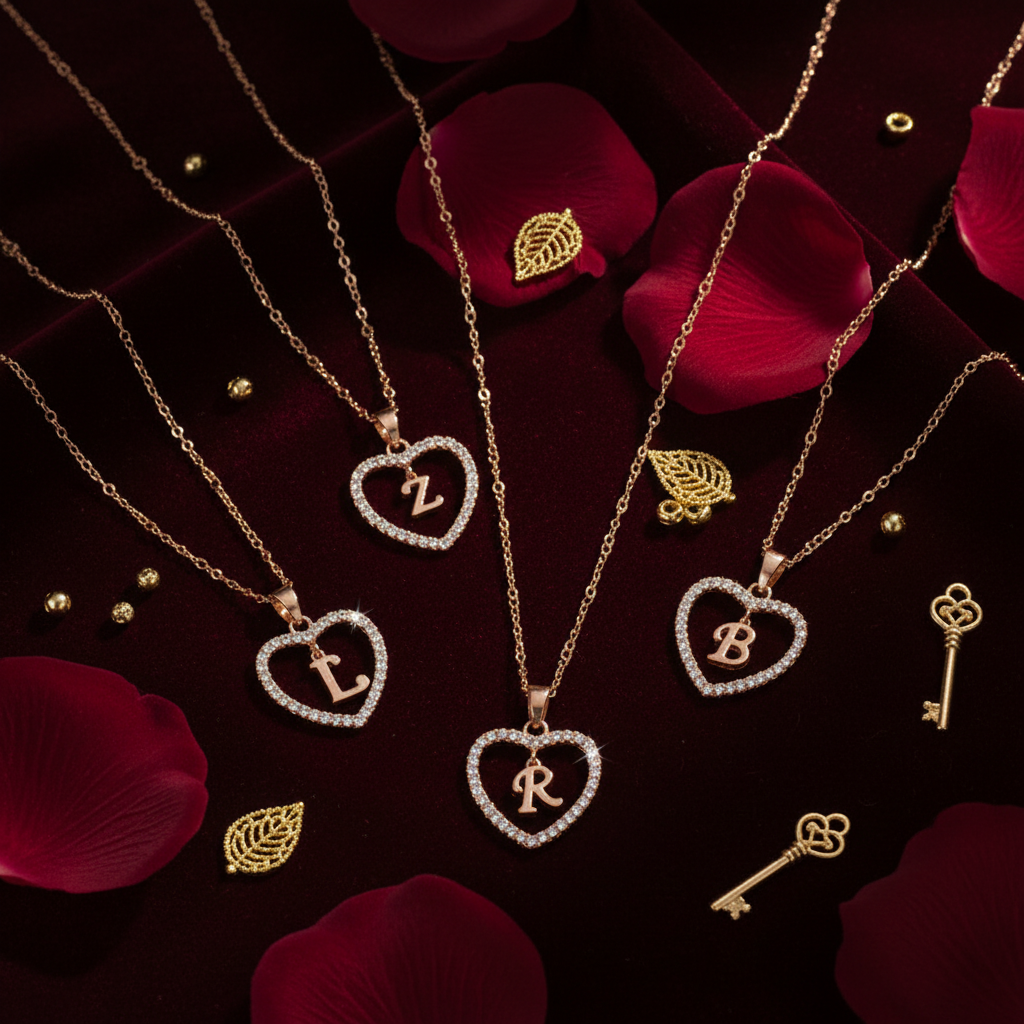 Love Language heart necklace flat lay on dark velvet with rose petals