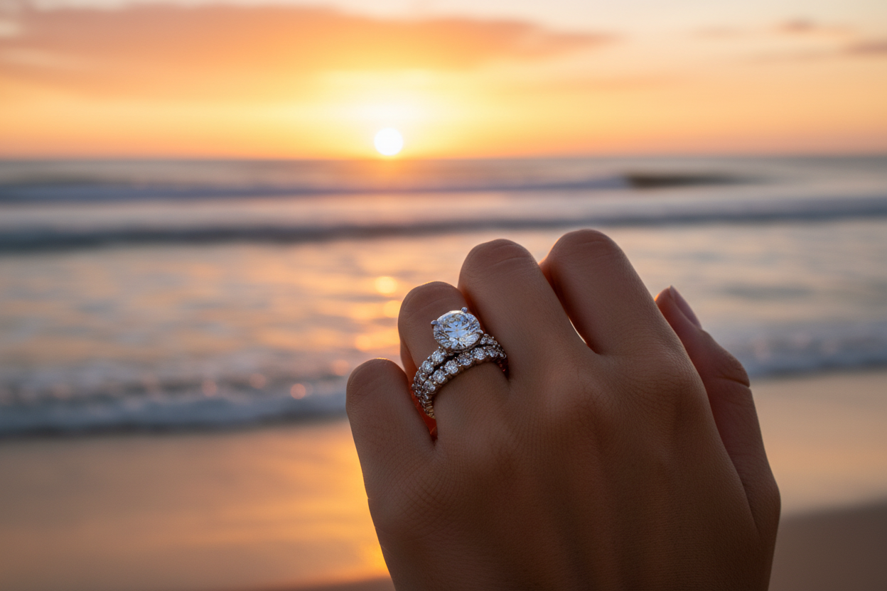 Time Vow Moissanite Ring Set – Ocean Beach Sunset