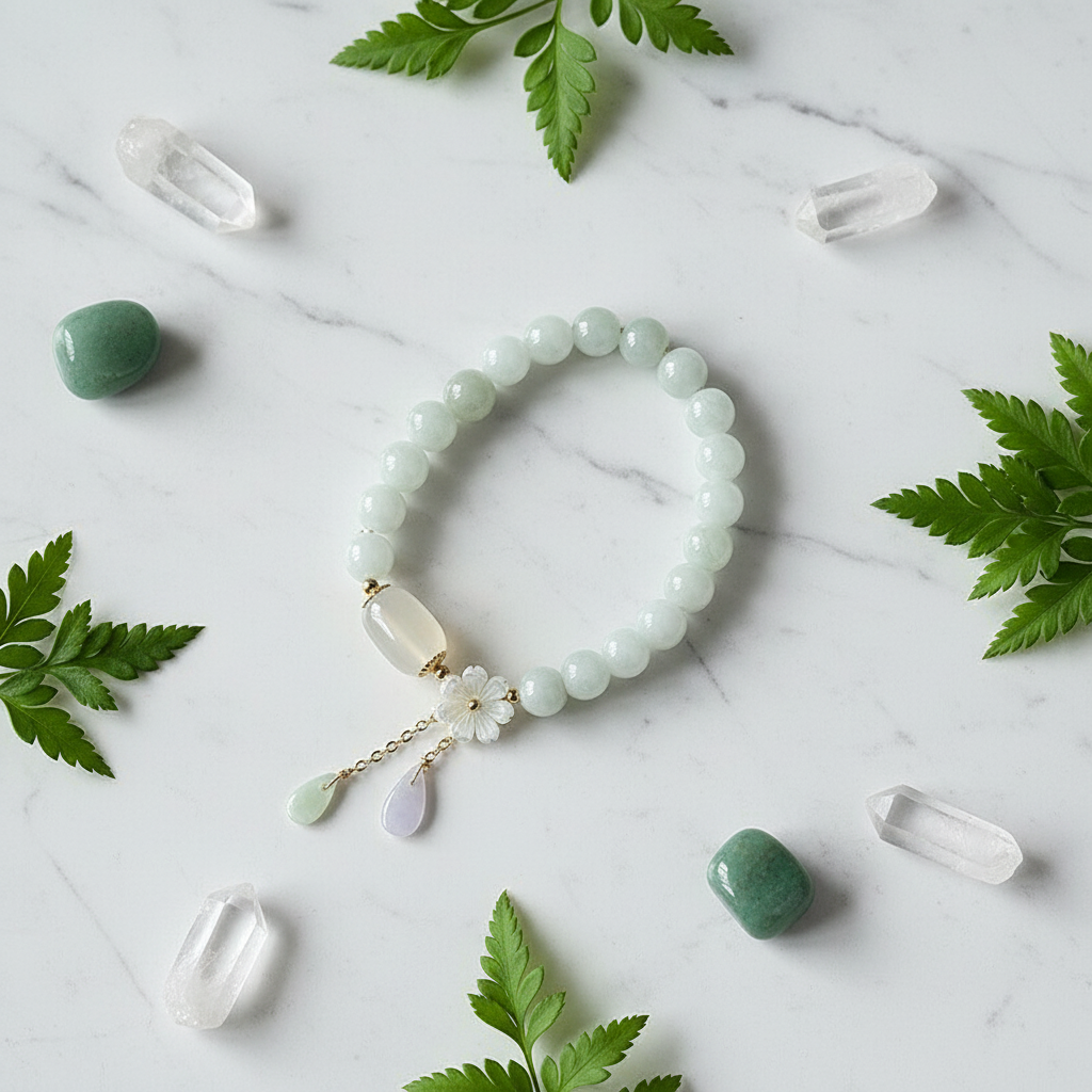 Natural Jadeite & Agate Bracelet flat lay on white marble with green leaves
