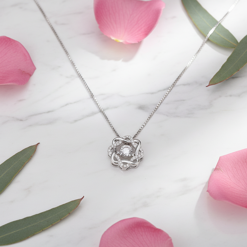 Simply Iconic silver pendant necklace flat lay on marble with rose petals