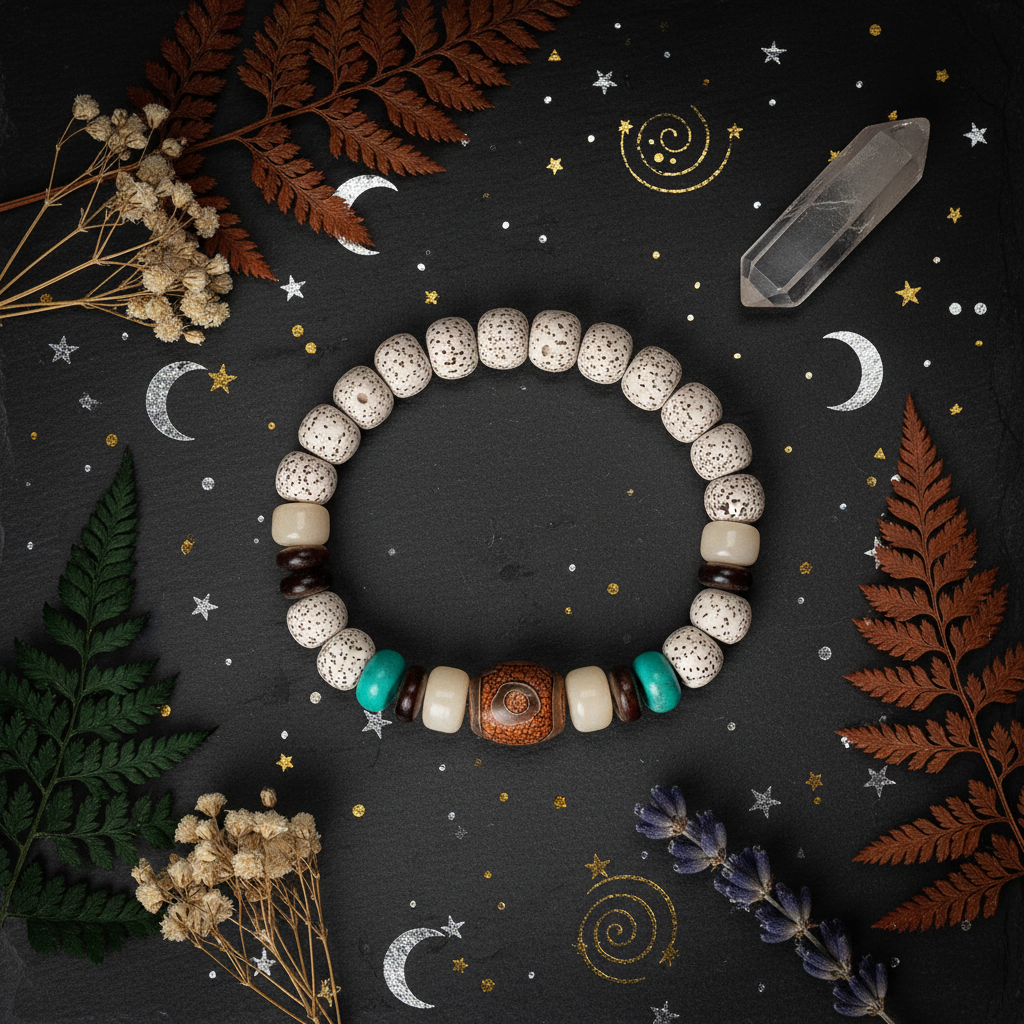 Bodhi Seed Celestial Bracelet flat lay on dark slate with botanicals