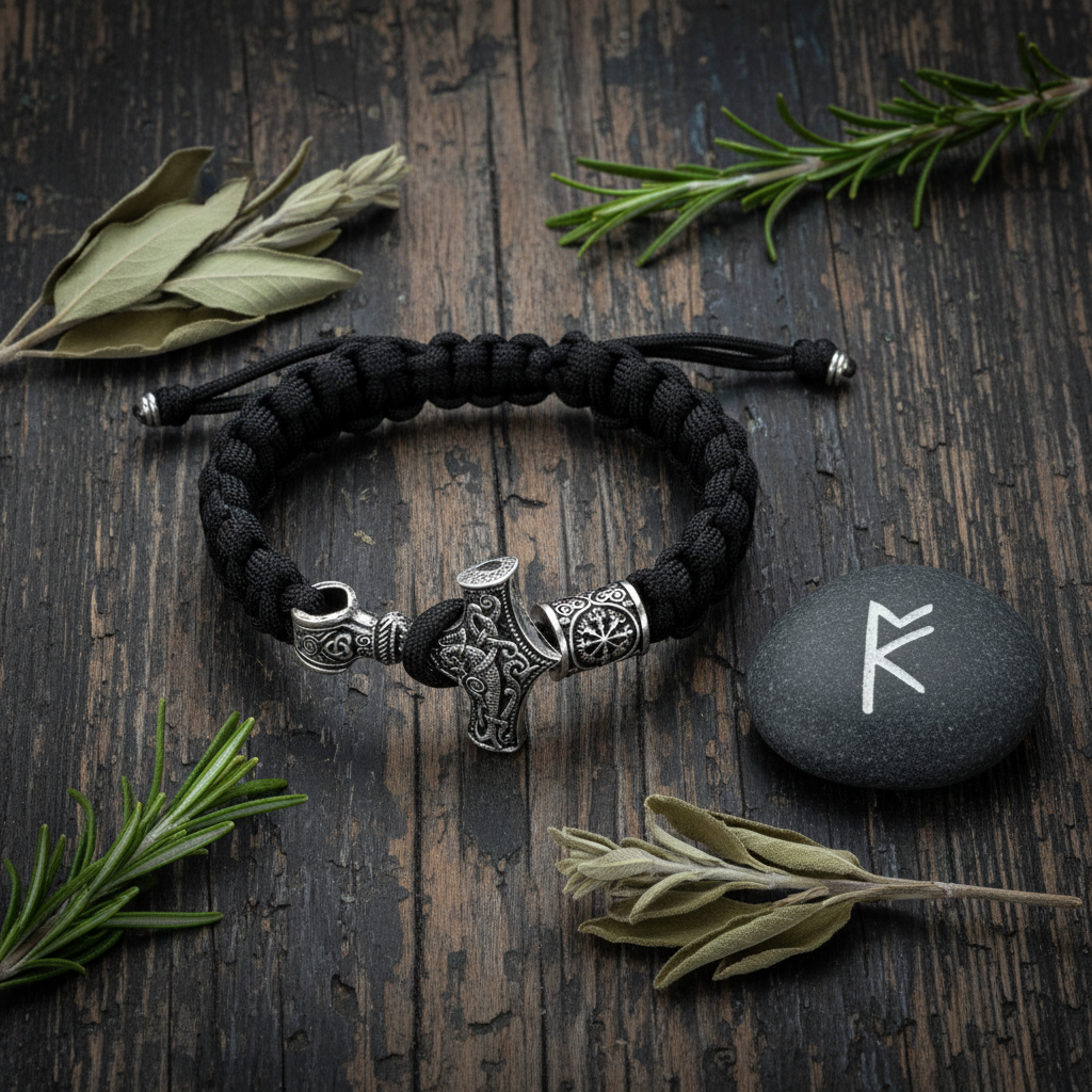 Paracord Mjolnir Bracelet flat lay on dark weathered wood with rune stone