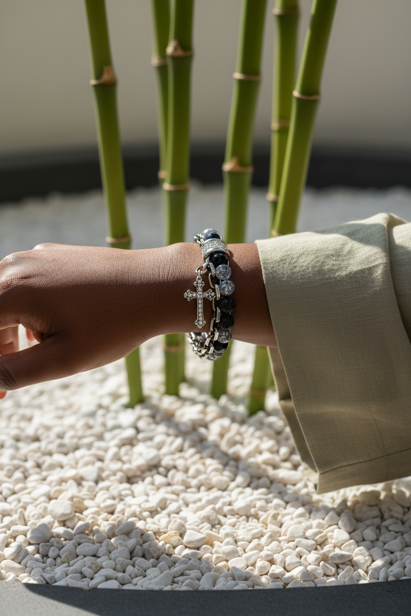 Model wearing Grounded in Stone bracelet in zen garden