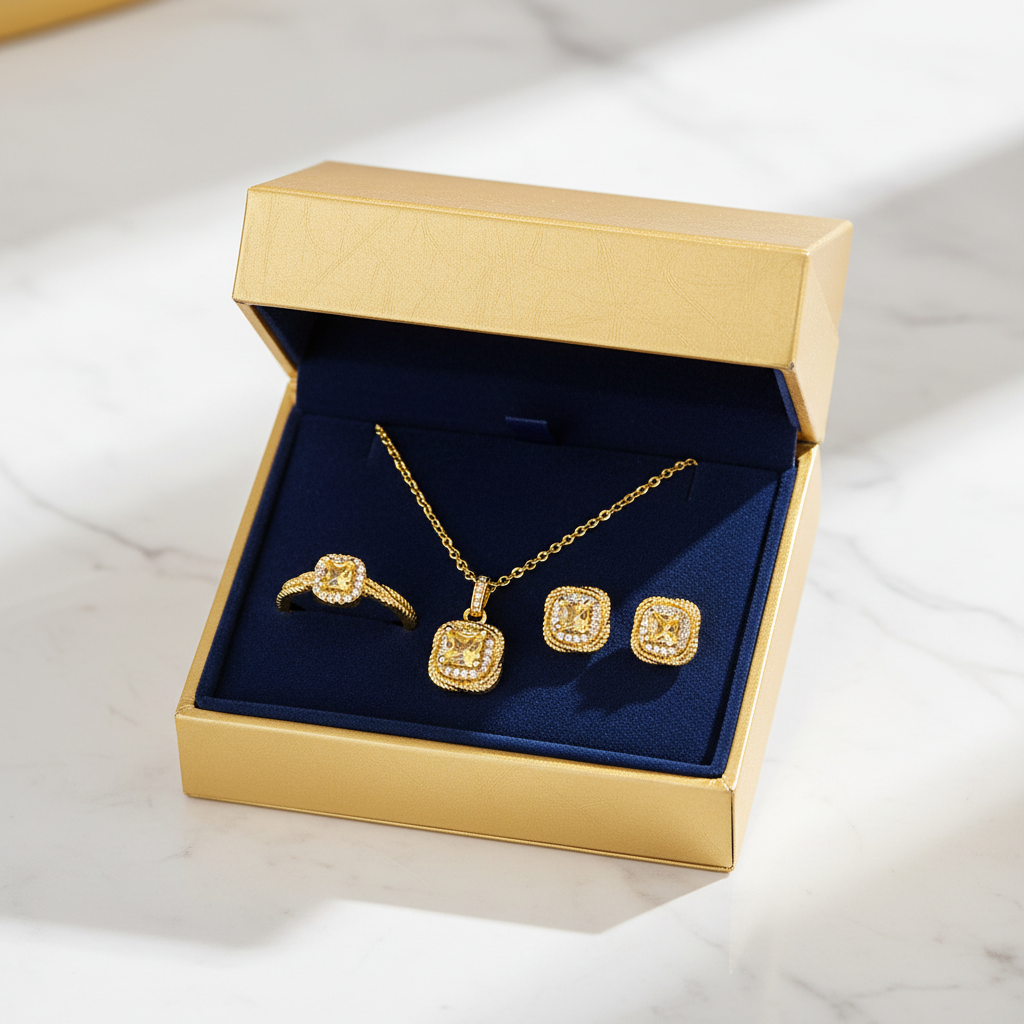 Sugar Cube jewelry set in luxury gold gift box