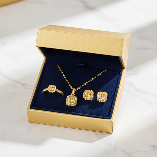 Sugar Cube jewelry set in luxury gold gift box