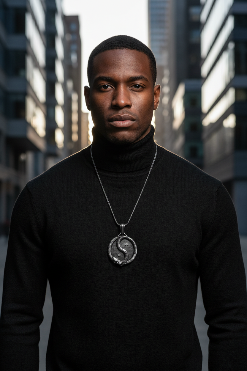 Mixed-race man wearing Men's Stainless Steel Pendant Necklace in urban setting