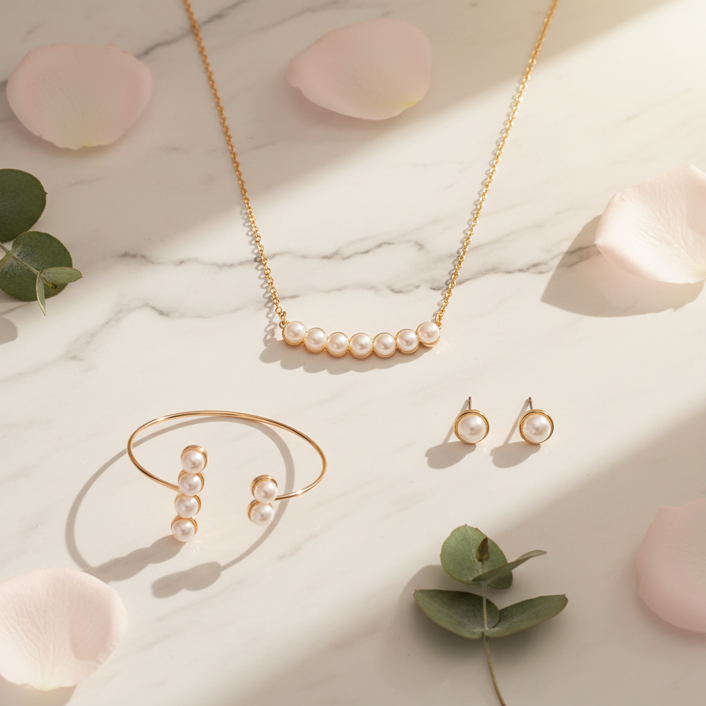 Lumière Pearl Set marble flatlay with rose petals