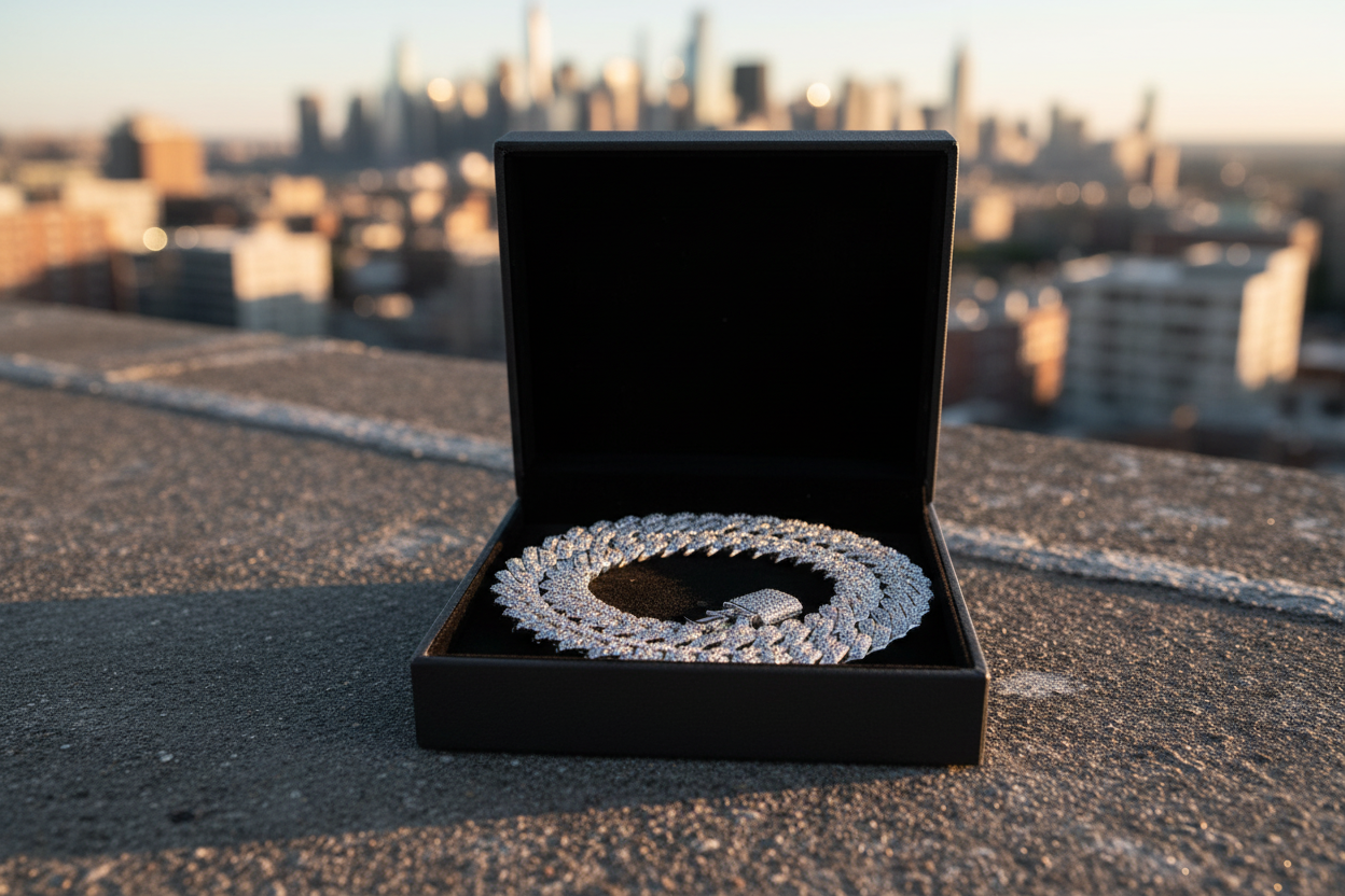 Iced Cuban Chain in gift box rooftop city skyline
