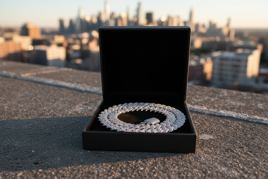 Iced Cuban Chain in gift box rooftop city skyline