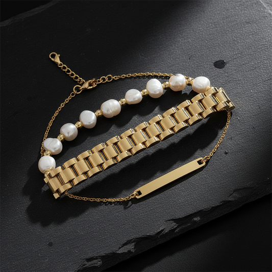 Geometric Titanium Steel Bracelet flat lay on black slate