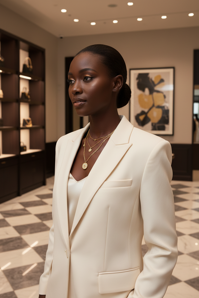Model wearing Ancient Coin Pendant Necklace layered in luxury boutique