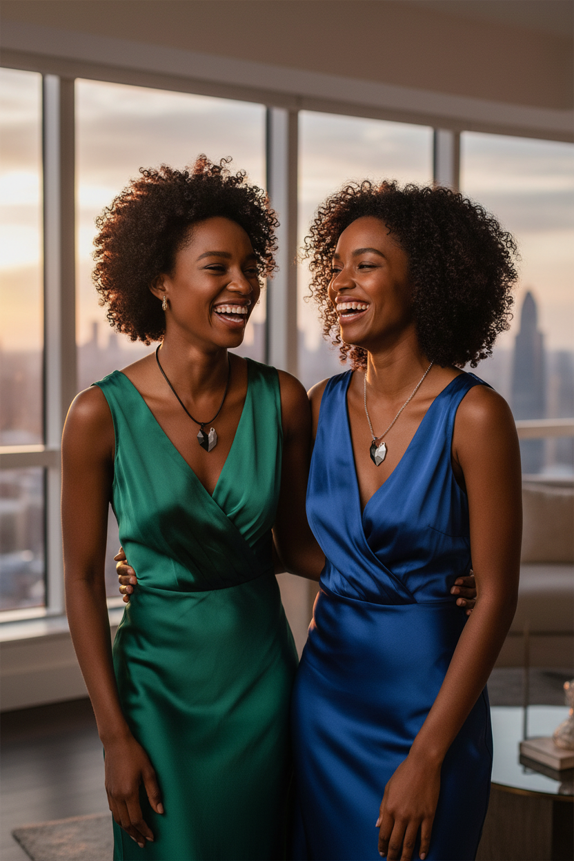 Two women wearing matching Wishing Stone magnetic heart pendant necklaces