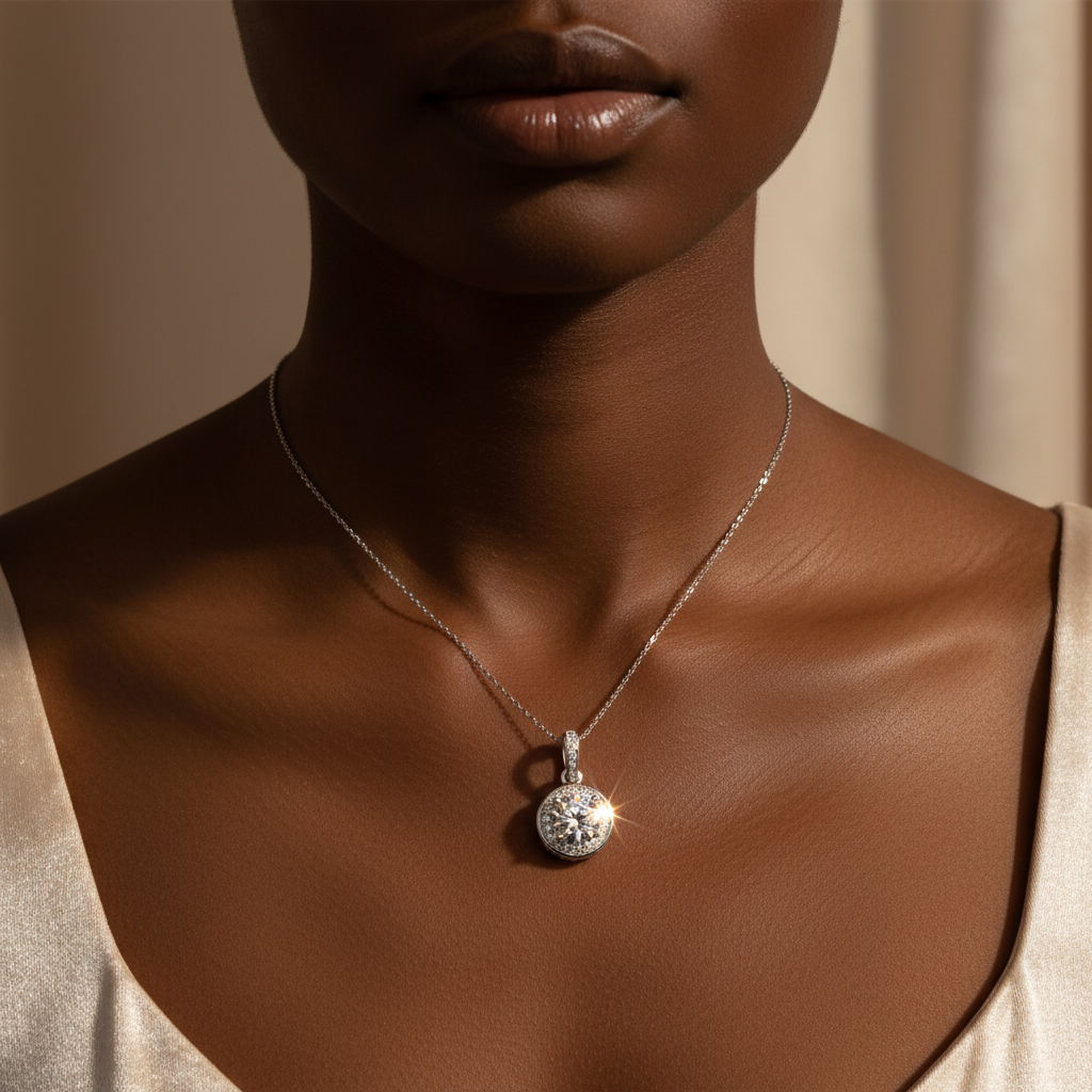 Close-up of Dark Night Elf Moissanite Necklace sparkling on collarbone