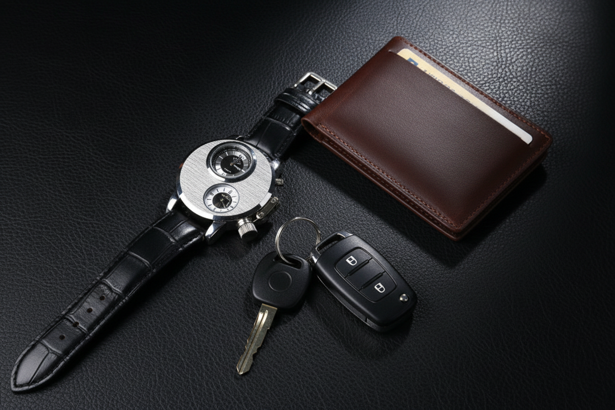 Men's watch leather flat lay with wallet and keys