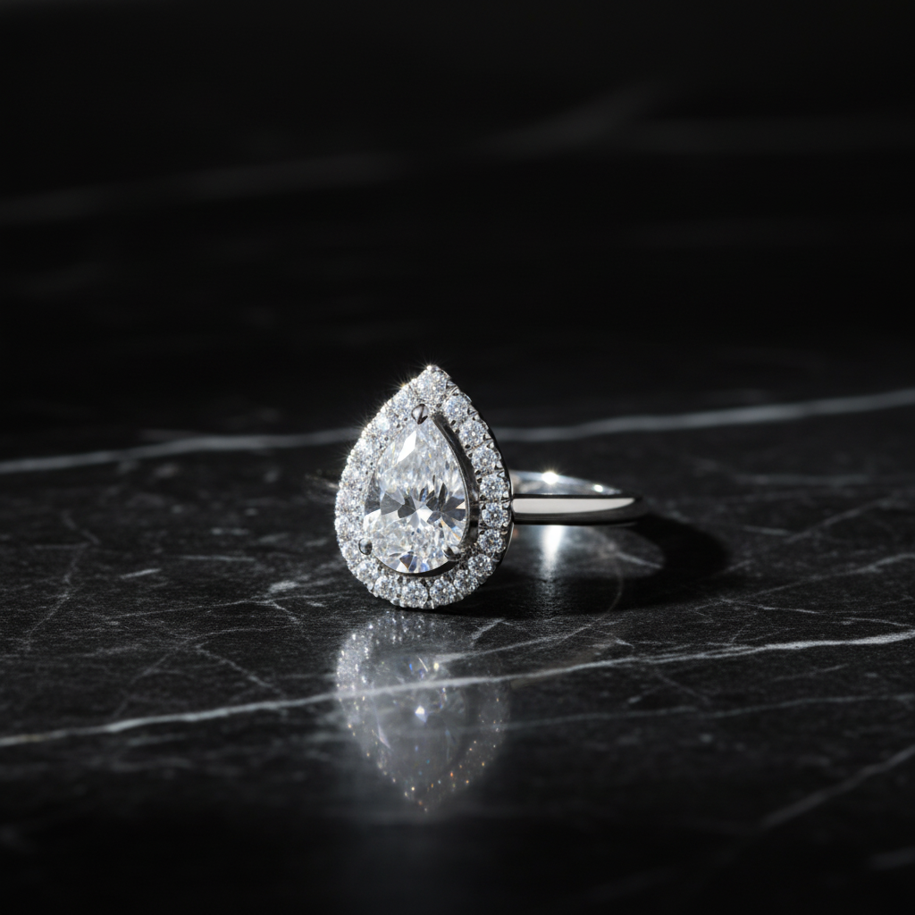 Celestine Pear Halo Moissanite Ring on dark marble
