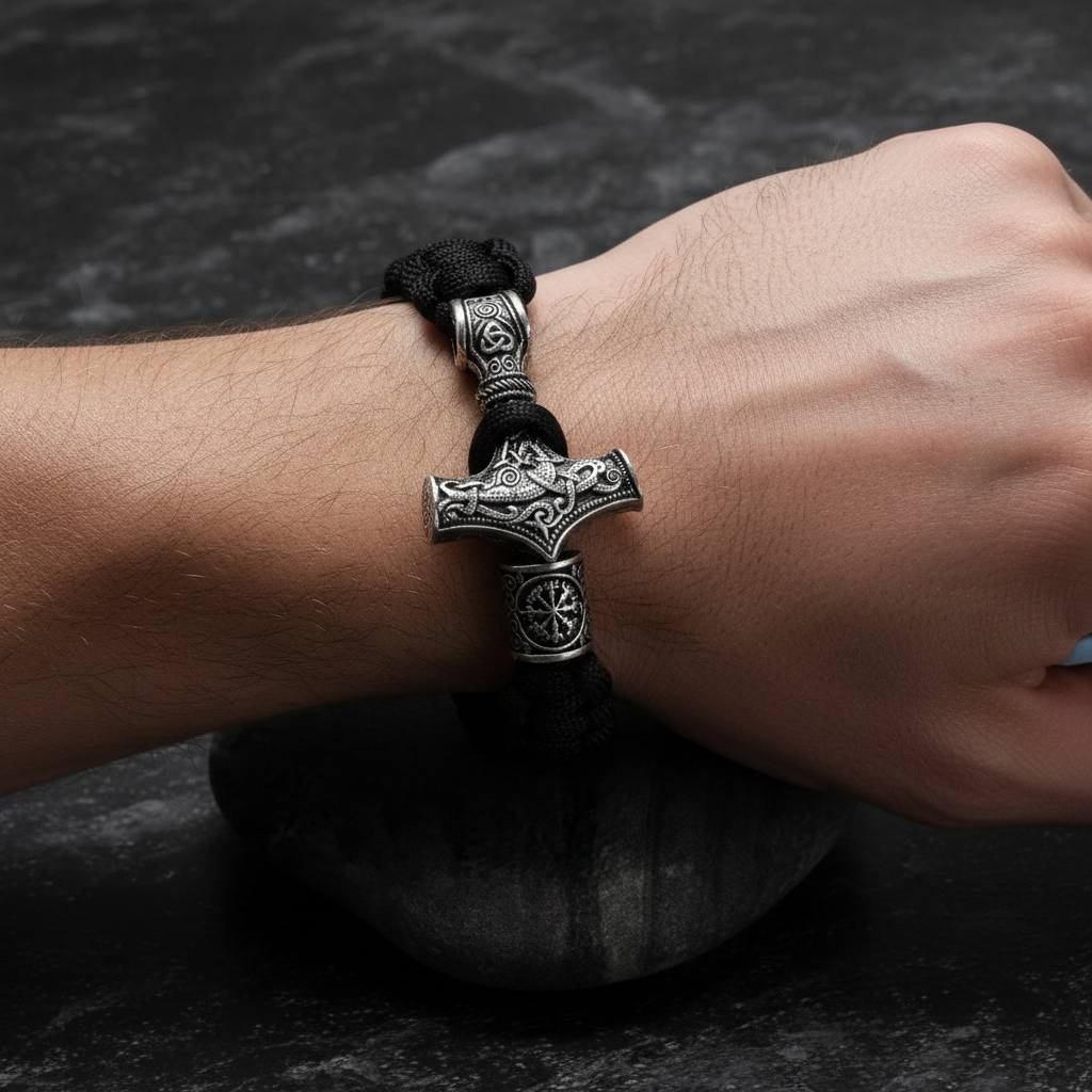 Close-up of Paracord Mjolnir Bracelet on Caucasian man's wrist