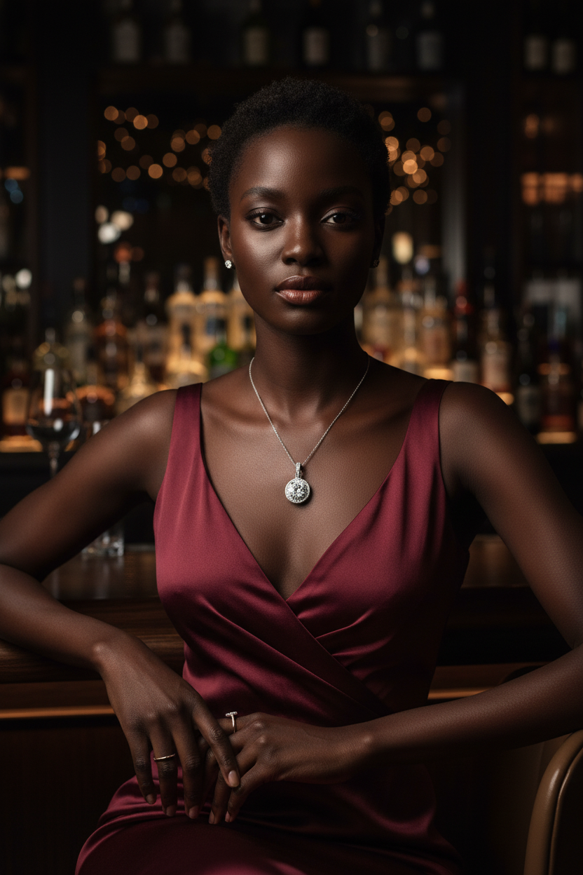 Model wearing Dark Night Elf Moissanite Necklace at luxury bar