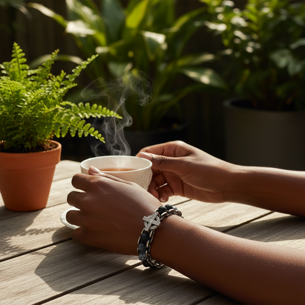 Close-up of wrist wearing Grounded in Stone bracelet with tea outdoors