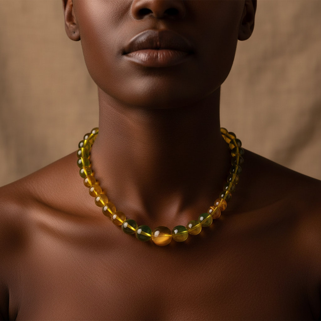 Close-up of Amber Beeswax Bead Necklace on collarbone in golden light