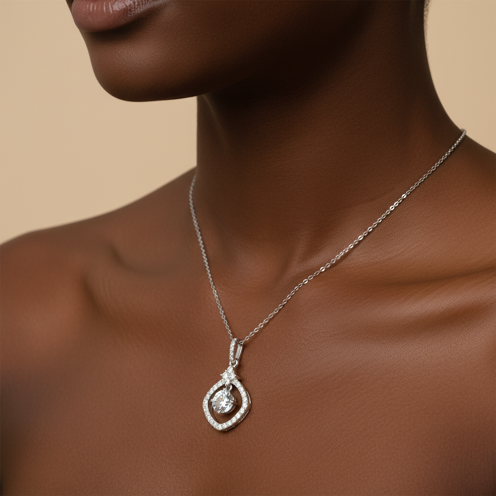 Close-up of Starlight Heart Moissanite Necklace sparkling on collarbone